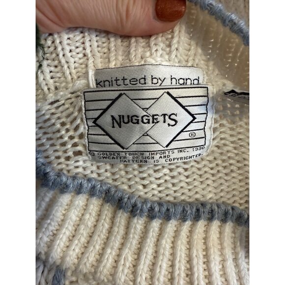 Vintage 90s Hand Knit White Knit Sweater Cottagecore Floral Pattern Small - Picture 6 of 6